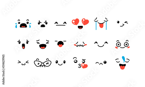 Various Cartoon Emoticons Set. Doodle faces, eyes and mouth. Caricature comic expressive emotions, smiling, crying and surprised character face expressions