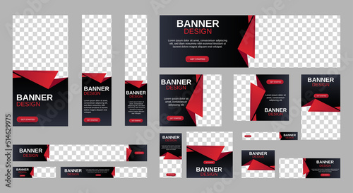 Black and red banners for web with standard size and place for photos. Vertical, horizontal and square template