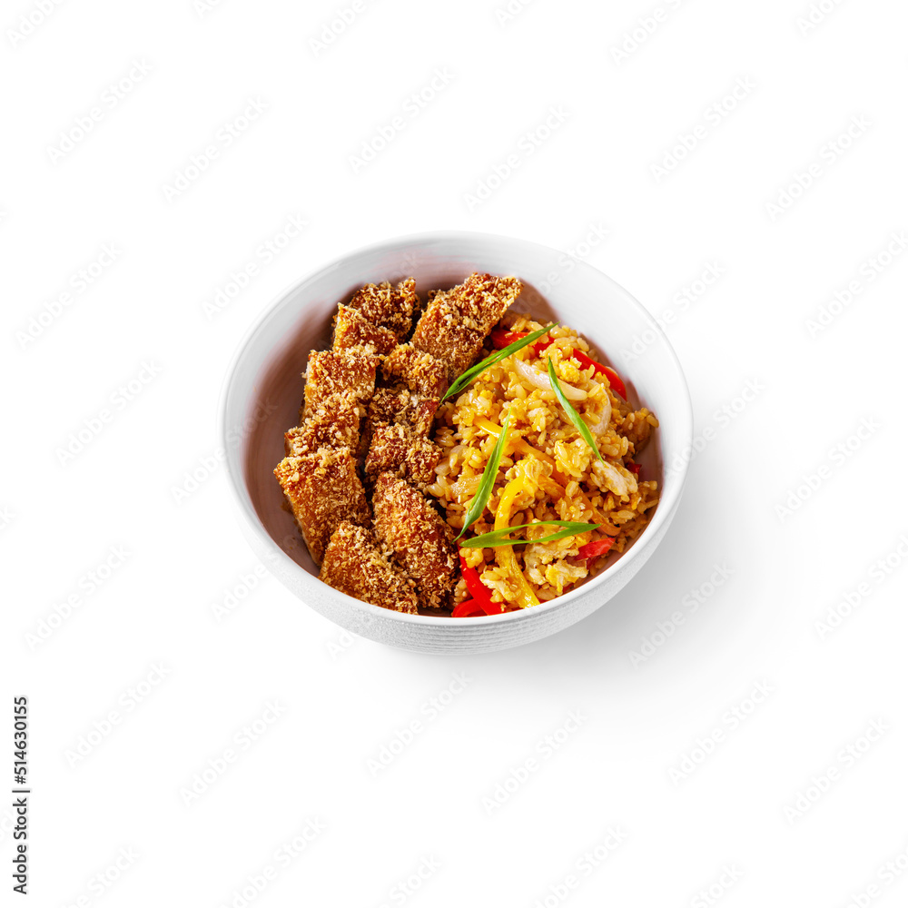 Rice with peppers, onions and meat in breading Rice with peppers, onions and meat in breading