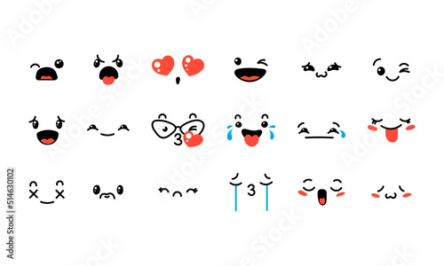 Various Cartoon Emoticons Set. Doodle faces, eyes and mouth. Caricature comic expressive emotions, smiling, crying and surprised character face expressions