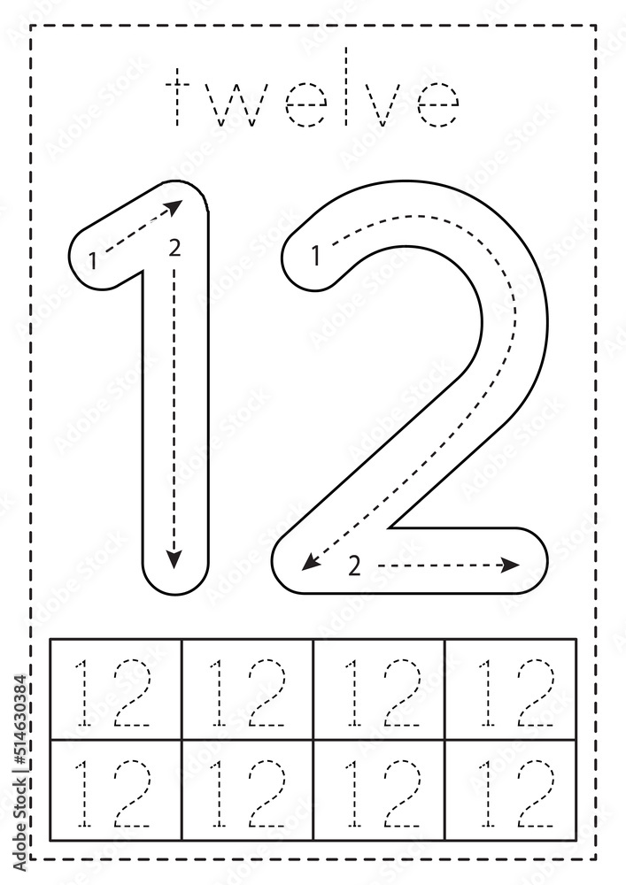Tracing number twelve. Preschool worksheet. Black and white. Stock Vector |  Adobe Stock