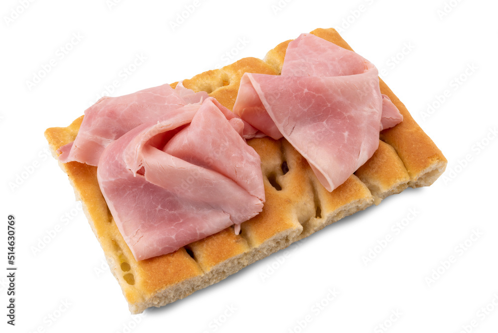 Cooked ham on slice of focaccia bread of Genova -Top view isolated on white with clipping path included.