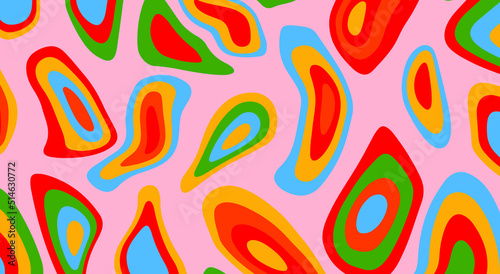 Groovy background with colorful trippy melting shapes in retro 60s hippie art style.