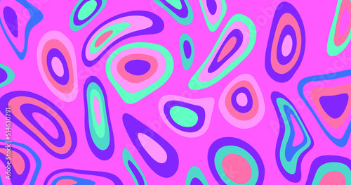 Groovy background with colorful trippy melting shapes in retro 60s hippie art style.
