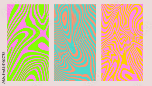 Set of abstract psychedelic illustrations with colorful trippy shapes in 60s hippie retro-art style. 
