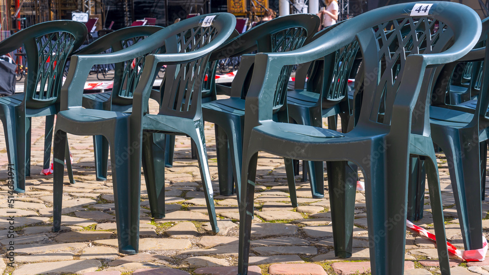 Vacant empty plastic chairs pattern. A lot of chairs for spectators. Comfortable furniture for events. Vacant empty plastic chairs pattern. A lot of chairs for spectators. Comfortable furniture for events.