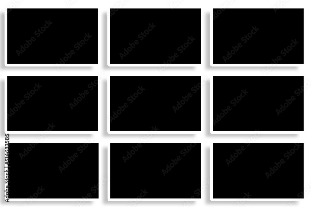 9 Rectangle photo frames in black & white color & three rows layout. Used as a printable photo collage template or a mock up to place album pictures or photographs collection in a classic old style. 9 Rectangle photo frames in black & white color & three rows layout. Used as a printable photo collage template or a mock up to place album pictures or photographs collection in a classic old style.