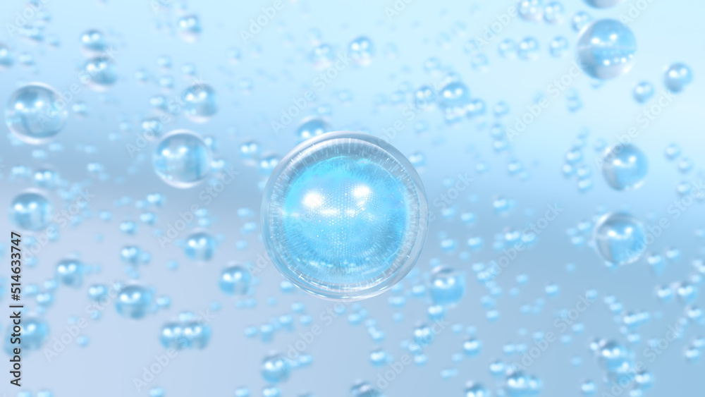 3D rendering Cosmetics Serum bubbles on defocus background. Collagen bubbles Design. Moisturizing Essentials and Serum Concept. Vitamin for health care and beauty concept. 