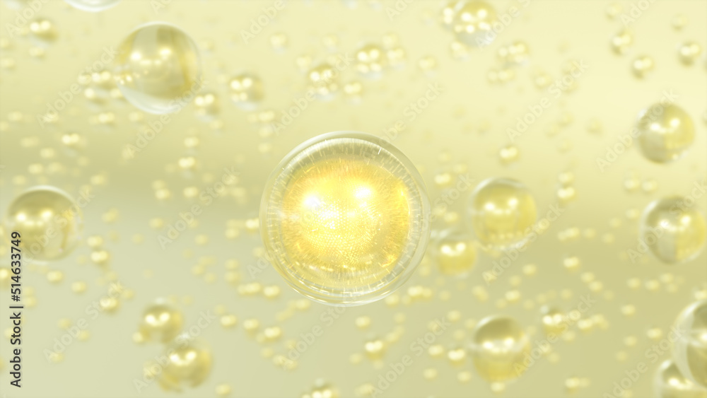 3D rendering Cosmetics Golden Serum bubbles on defocus background. Collagen bubbles Design. Moisturizing Cream and Serum Concept. Vitamin for personal care and beauty concept. 3D rendering Cosmetics Golden Serum bubbles on defocus background. Collagen bubbles Design. Moisturizing Cream and Serum Concept. Vitamin for personal care and beauty concept.