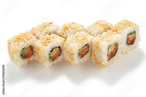 Fresh salmon and avocado rolls served on white background standing upright to show the ingredients