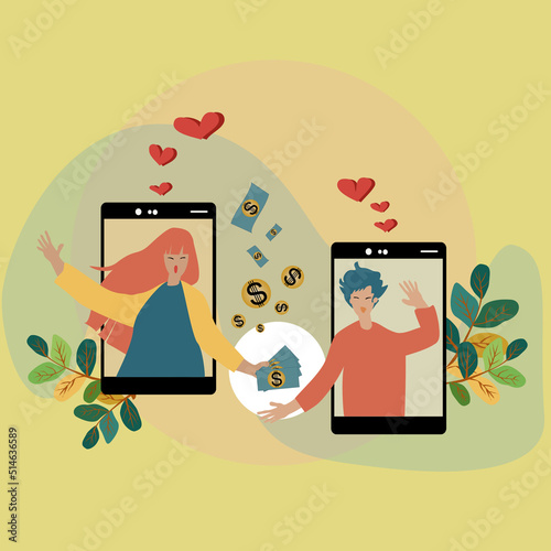 cartoon, woman handing money to man, on phone screen ,remittance concept,online,mobile to mobile,fast,and easy.