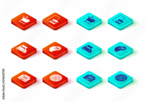 Set Online ordering burger delivery, Pizza, Fast by car, and, and Shopping cart food icon. Vector