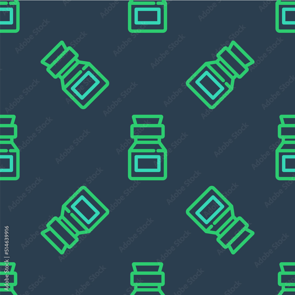 Line Poison in bottle icon isolated seamless pattern on blue background. Bottle of poison or poisonous chemical toxin. Vector