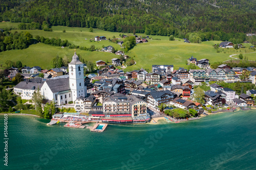 St. Wolfgang at the famous lake Wolfgangsee in Salzkammergut, Austria. Aerial view of the touristic travel destination.