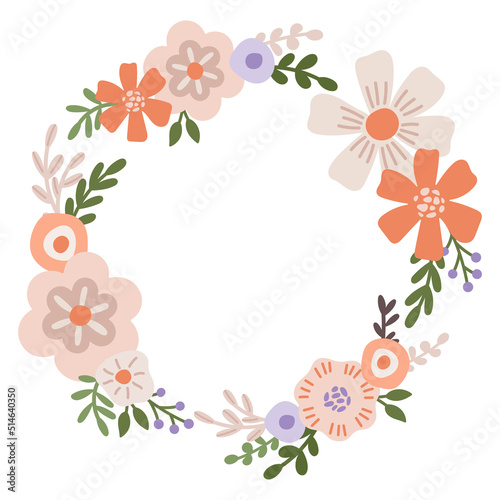 Spring flowers vector wreath. Minimalistic florals round frame