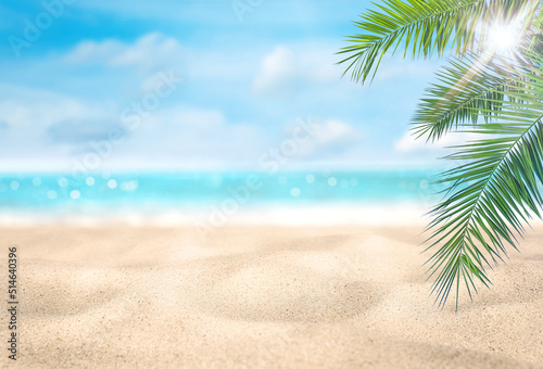 Summer vacation or holiday background. Tropical beach with sand, sea and coconut palm leaves. Can be used as background for product montage
