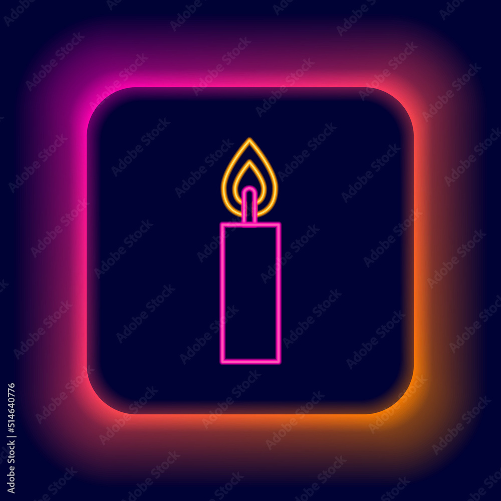 Glowing neon line Burning candle icon isolated on black background