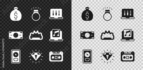 Set Money bag, Diamond ring, Sound or audio recorder, CD disk award frame, Retro cassette tape, Stacks paper money cash and Brass knuckles icon. Vector