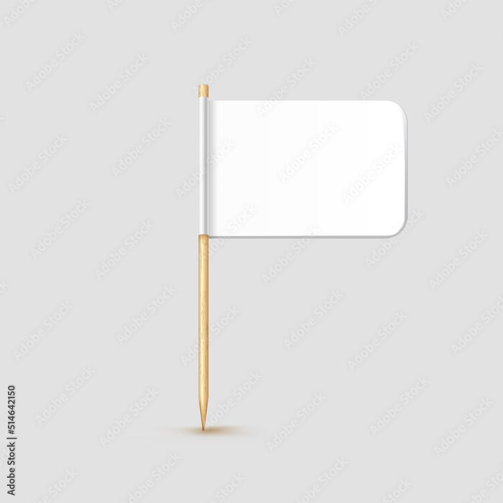 Toothpick flag isolated on wood stick with white paper. Realistic little tooth pick for lunch. Vector cocktail decoration Toothpick flag isolated on wood stick with white paper. Realistic little tooth pick for lunch. Vector cocktail decoration