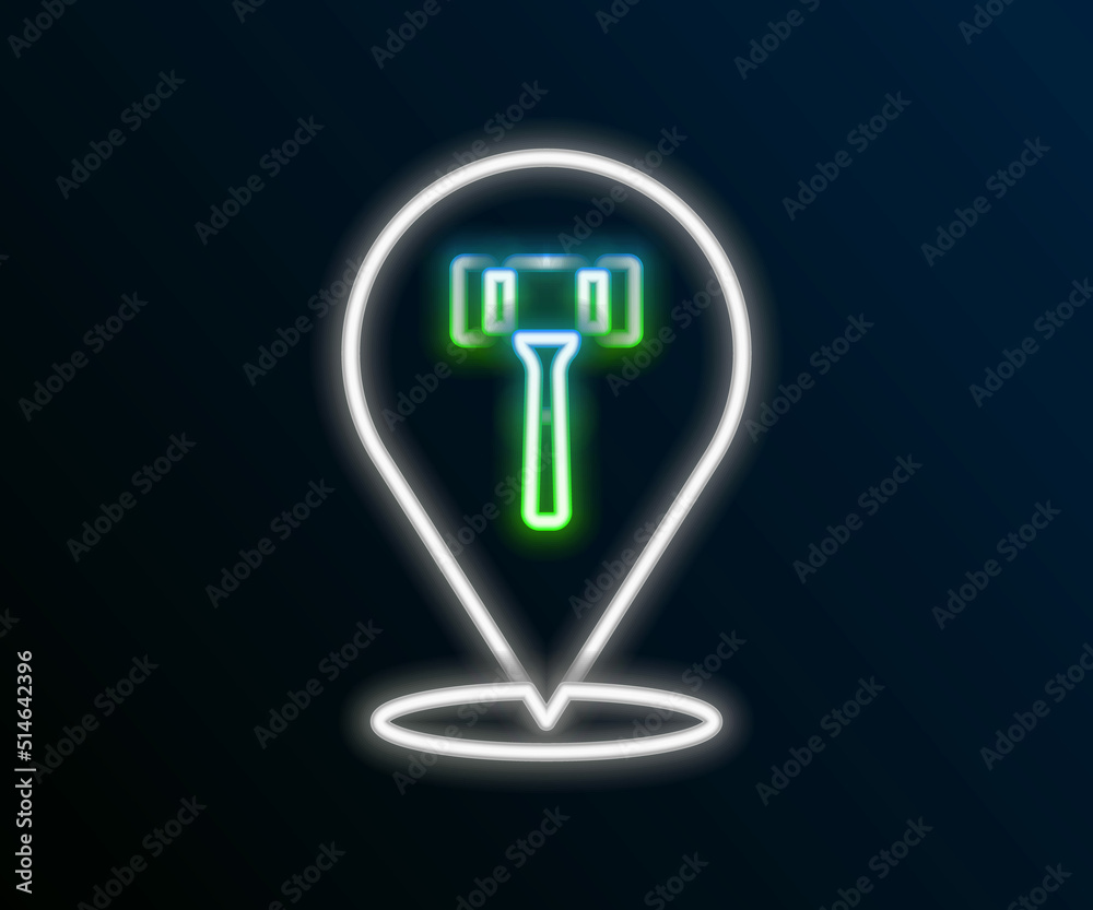 Glowing neon line Auction hammer icon isolated on black background. Gavel - hammer of judge or auctioneer. Bidding process, deal done. Auction bidding. Colorful outline concept. Vector Glowing neon line Auction hammer icon isolated on black background. Gavel - hammer of judge or auctioneer. Bidding process, deal done. Auction bidding. Colorful outline concept. Vector