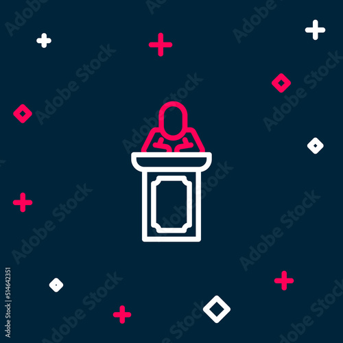 Line Auction auctioneer sells icon isolated on blue background. Auction business, bid and sale. Colorful outline concept. Vector