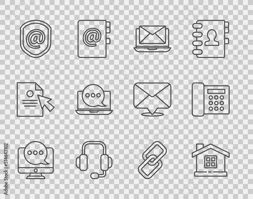 Set line Chat messages notification on monitor, House, Laptop with envelope, Headphones, Shield mail and e-mail, laptop, Chain link and Telephone icon. Vector
