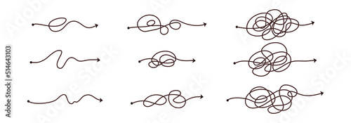Simple line and complex easy way. Scribble doodle chaos mindset. Problem solving, difficult line. Vector hand drawn concept path