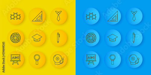 Set line Chalkboard, Solar system, Graduation cap, Ringing alarm bell, Pen, Chemical formula, Tie and Triangular ruler icon. Vector