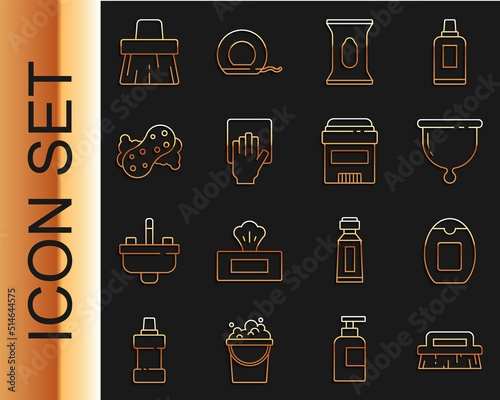 Set line Brush for cleaning, Bottle of shampoo, Menstrual cup, Wet wipe pack, Cleaning service, Sponge, Handle broom and Antiperspirant deodorant roll icon. Vector