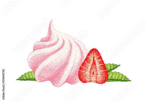 Strawberry cake. Airy meringue pink, marshmallow, zefir. Sweetness, dessert with strawberries flavor. Hand drawn vector Illustrations. Engraved sketch