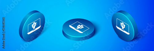 Isometric Online psychological counseling distance icon isolated on blue background. Psychotherapy, psychological help, psychiatrist online consulting. Blue circle button. Vector