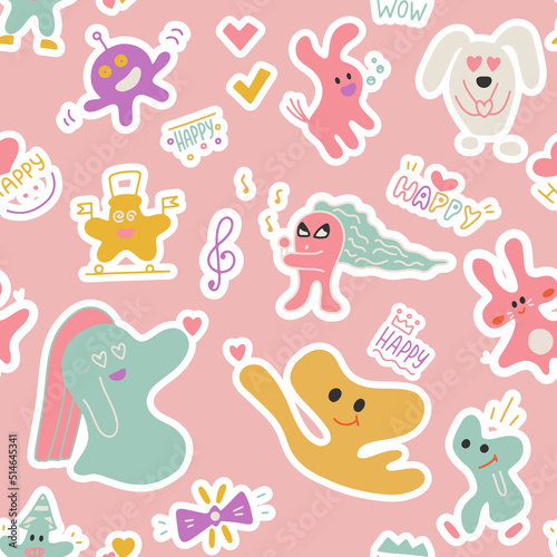 Vector seamless color hand drawn doodle pattern with different form animals and abstract elements. Vector texture in childish style great for fabric and textile, wallpaper, background.