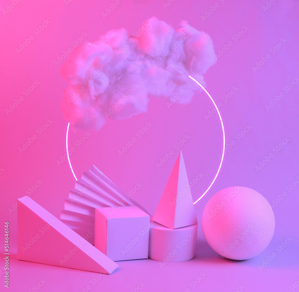 Modern abstract composition of geometric shapes and floating fluffy cloud in blue pink neon gradient light with circle. Creative idea. Concept art. Minimalism. Surrealism