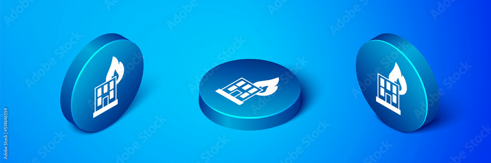 Isometric Fire in burning building on city street icon isolated on blue background. Destroyed city on fire. Blue circle button. Vector Isometric Fire in burning building on city street icon isolated on blue background. Destroyed city on fire. Blue circle button. Vector