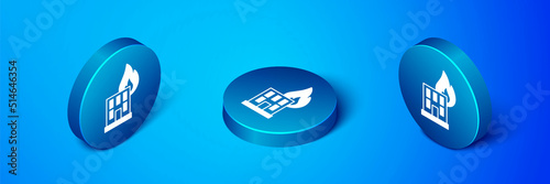 Isometric Fire in burning building on city street icon isolated on blue background. Destroyed city on fire. Blue circle button. Vector