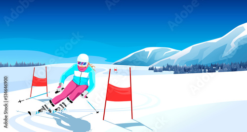 Advanced skier slides near mountain downhill. Sports descent on skis in mountains hills. Winter activity. Skiing in winter Alps. Winter sport resort with mountain landscape. Vector illustration photo