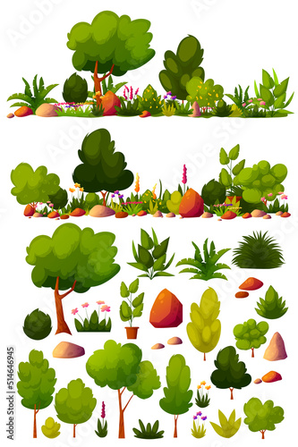 Set of green trees, bushes, grass, stones, blooming flower for landscaping the landscape of garden architecture, backyard, outdoors lawn. Collection with decorative bushes. Vector illustration