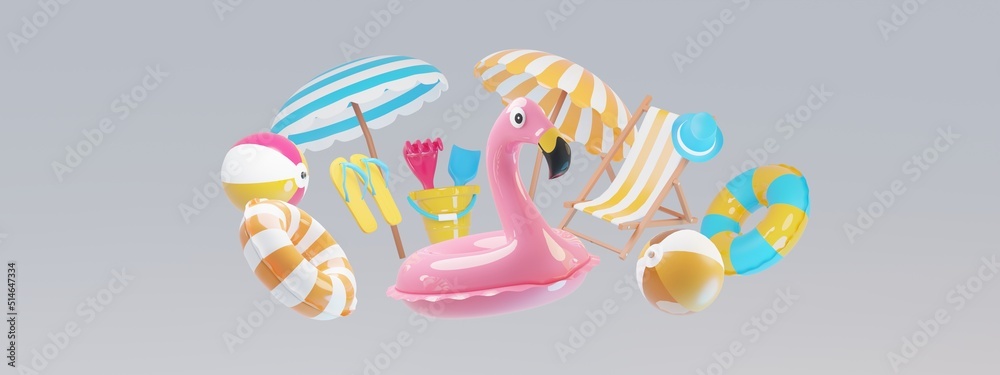 Rosa Flamingo macht Party mit Liegestuhl, Sonnenschirm, Flip-Flops, Schwimmring und Beach Ball, 3D Rendering, 3D Illustration Rosa Flamingo macht Party mit Liegestuhl, Sonnenschirm, Flip-Flops, Schwimmring und Beach Ball, 3D Rendering, 3D Illustration