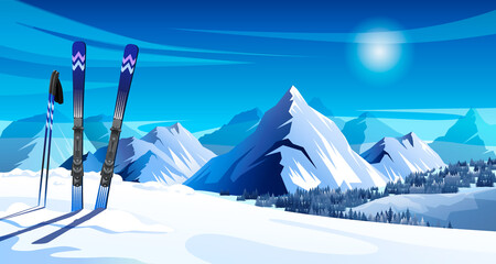 Acrylglasbilder Blau Panoramic winter mountain landscape with skis and ski poles. Colorful landscape with mountains, rocks, snowy peaks of alps, forest, sky and sun. Vector illustration  © GN.STUDIO