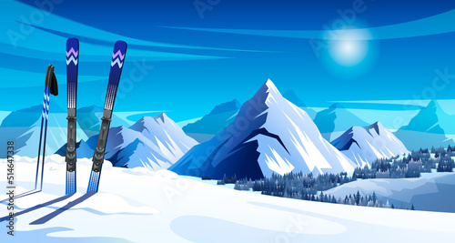 Panoramic winter mountain landscape with skis and ski poles. Colorful landscape with mountains, rocks, snowy peaks of alps, forest, sky and sun. Vector illustration