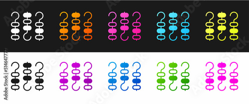 Set Grilled shish kebab on skewer stick icon isolated on black and white background. Meat kebab on skewer stick. Picnic with grilled meat. Vector