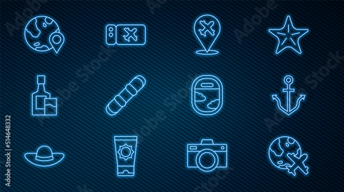 Set line Globe with flying plane, Anchor, Plane, Snowboard, Whiskey bottle and glass, Location on the globe, Airplane window and Airline ticket icon. Vector
