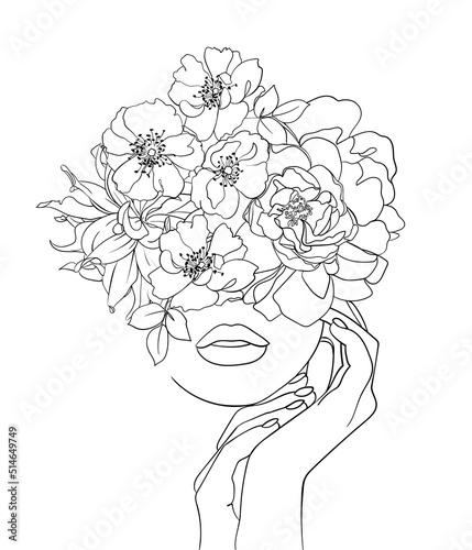 Woman Head with Flowers One Line Drawing. - Vector illustration