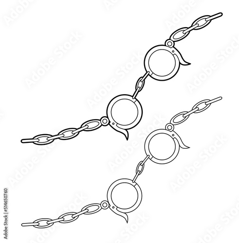 Linear drawing of handcuffs shackles with a chain for a criminal. Vector humorous illustration. Sign