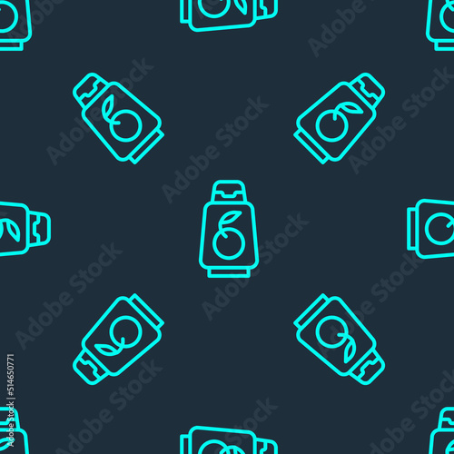 Green line Bottle of shampoo icon isolated seamless pattern on blue background. Vector