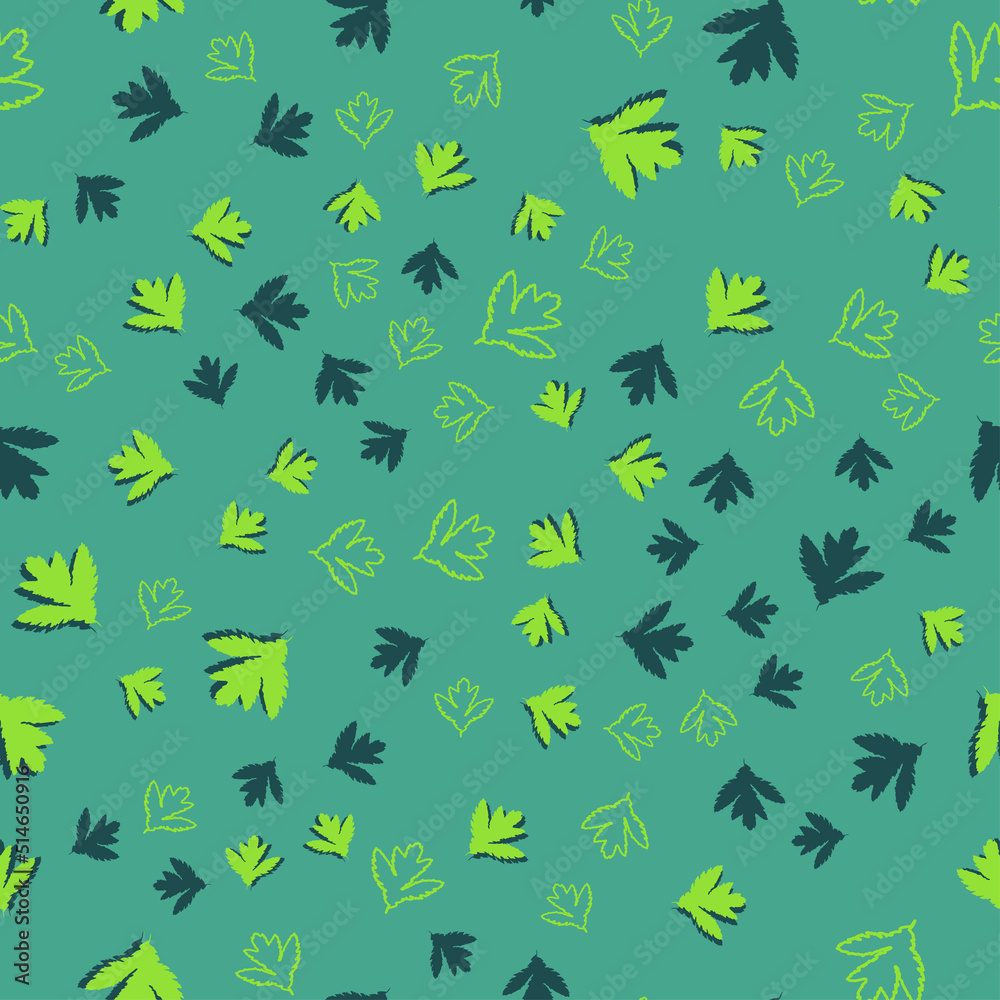 Fototapeta premium Seamless vector pattern with green leaves on a green background. Vegetable texture for fabric, bed linen, tablecloth, baby clothes, wallpaper