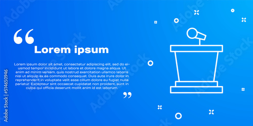 White line Stage stand or debate podium rostrum icon isolated on blue background. Conference speech tribune. Vector