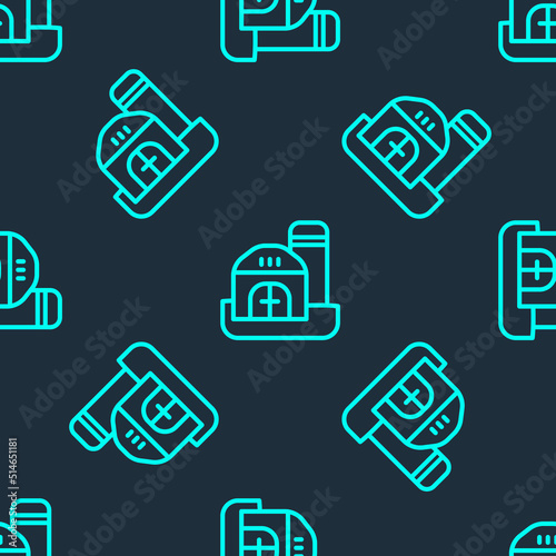 Green line Farm house icon isolated seamless pattern on blue background. Vector © Kostiantyn