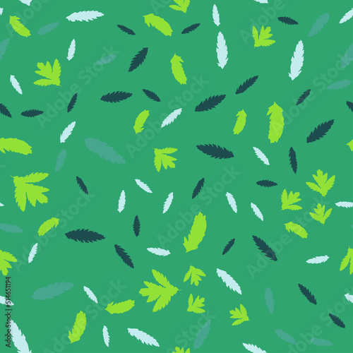 Seamless vector pattern with green and blue leaves on a green background. Vegetable texture for fabric, bed linen, tablecloth, baby clothes, wallpaper