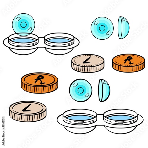 Open containers for contact lenses. Side view. Orange container lids. Vector image isolated on white background.